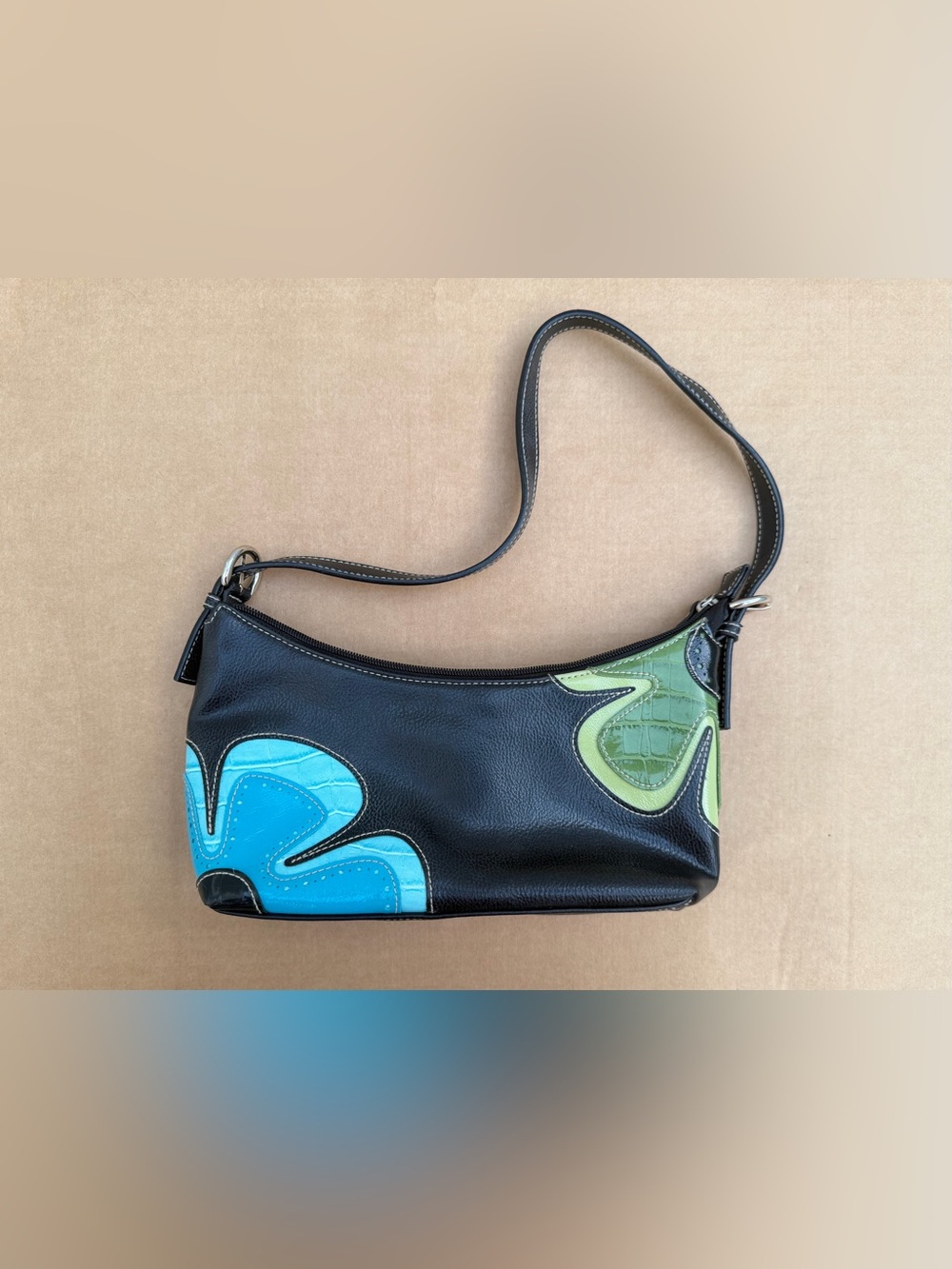 Rare Vintage Y2K Baguette Shoulder Bag Black Blue Green Abstract 2000s Purse